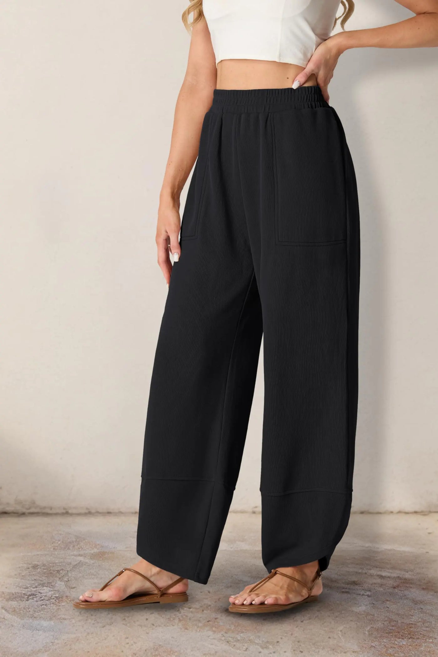 Womens Wide Leg Harem Pants Casual Loose Elastic Waist Solid Color Comfy Palazzo Lounge Baggy Sweatpants with Pockets Small Black