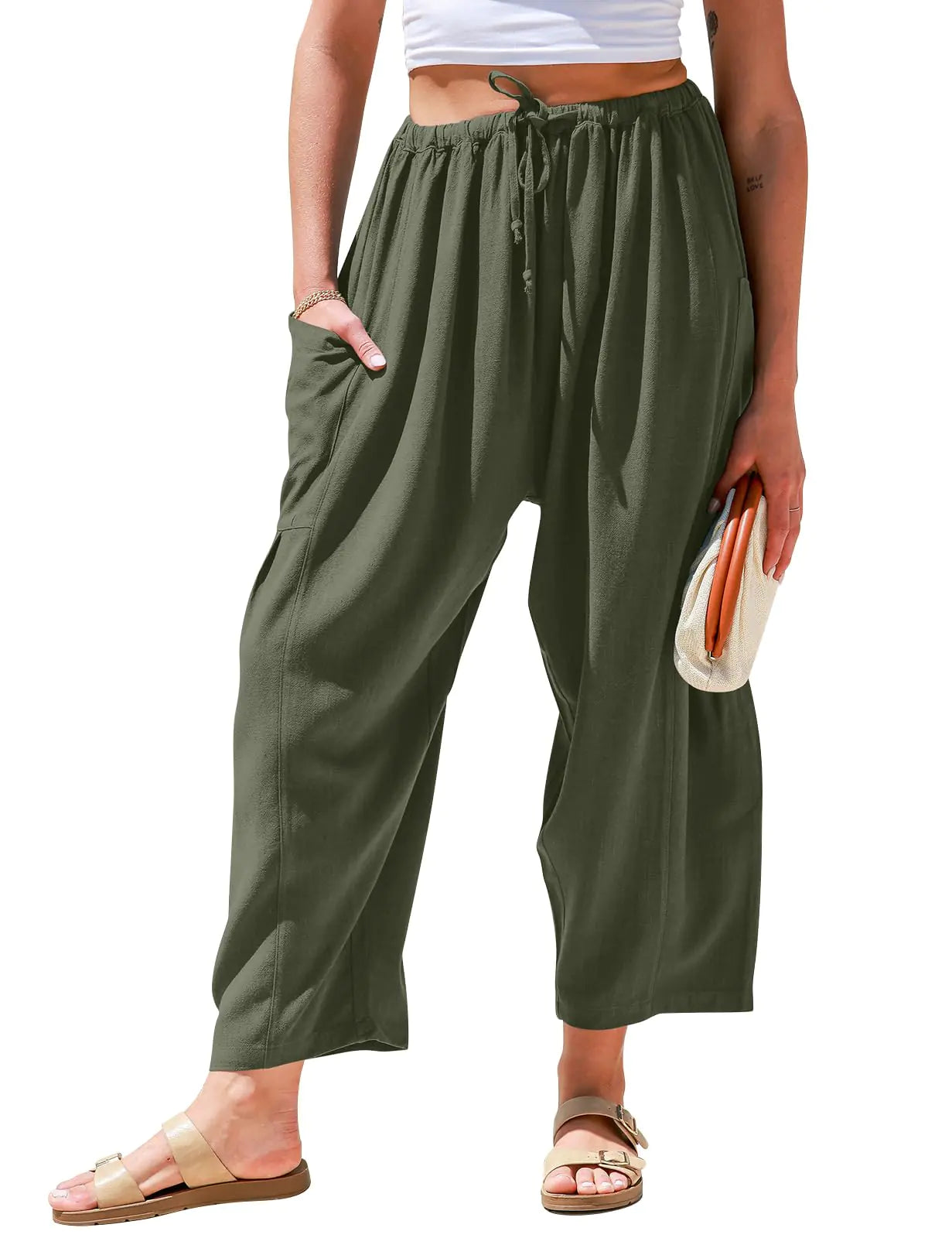 TARSE Womens Linen Wide Leg Pants Casual Loose Drawstring Low Waist Beach Palazzo Harem Pants with Pockets Large Green