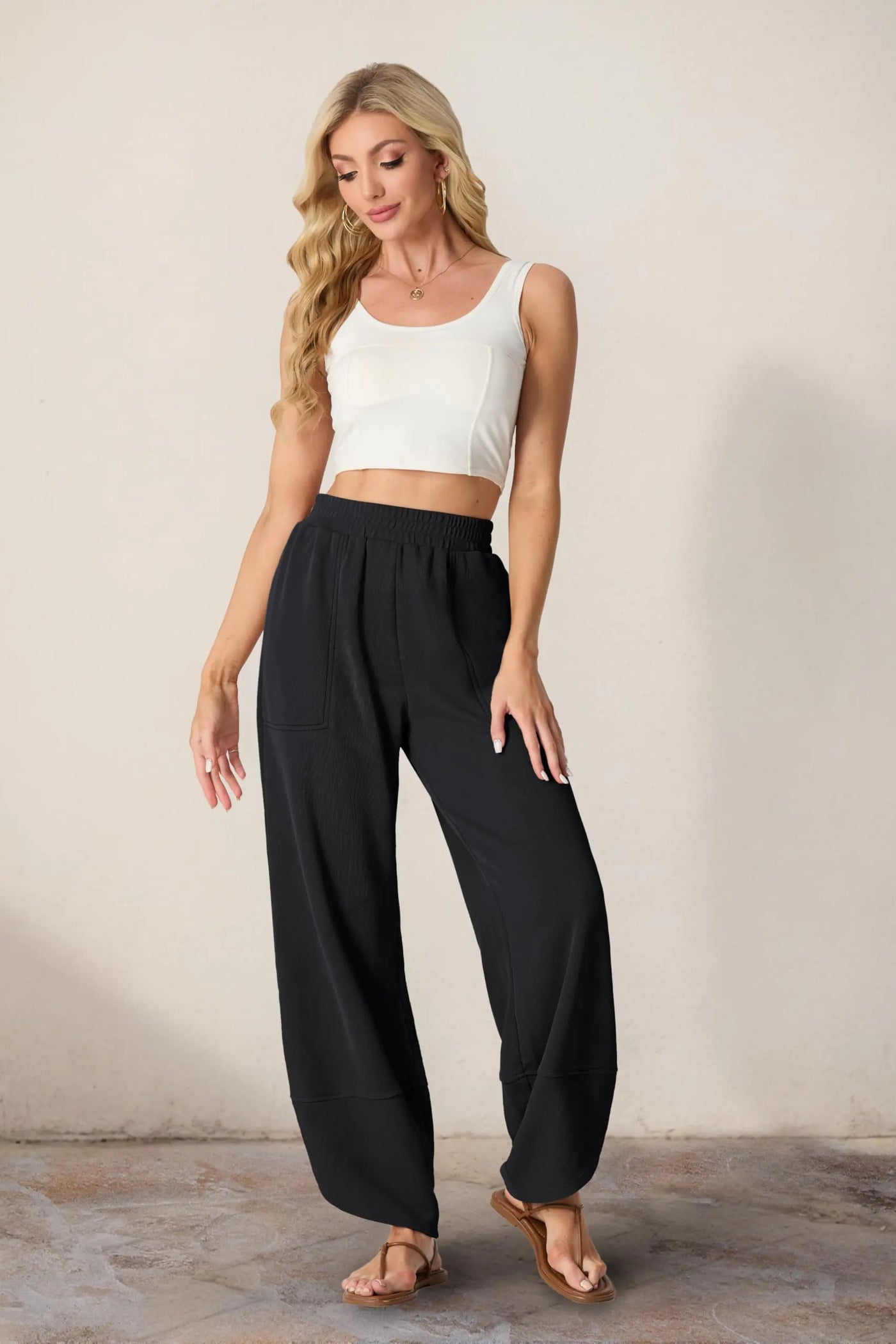 Womens Wide Leg Harem Pants Casual Loose Elastic Waist Solid Color Comfy Palazzo Lounge Baggy Sweatpants with Pockets Small Black