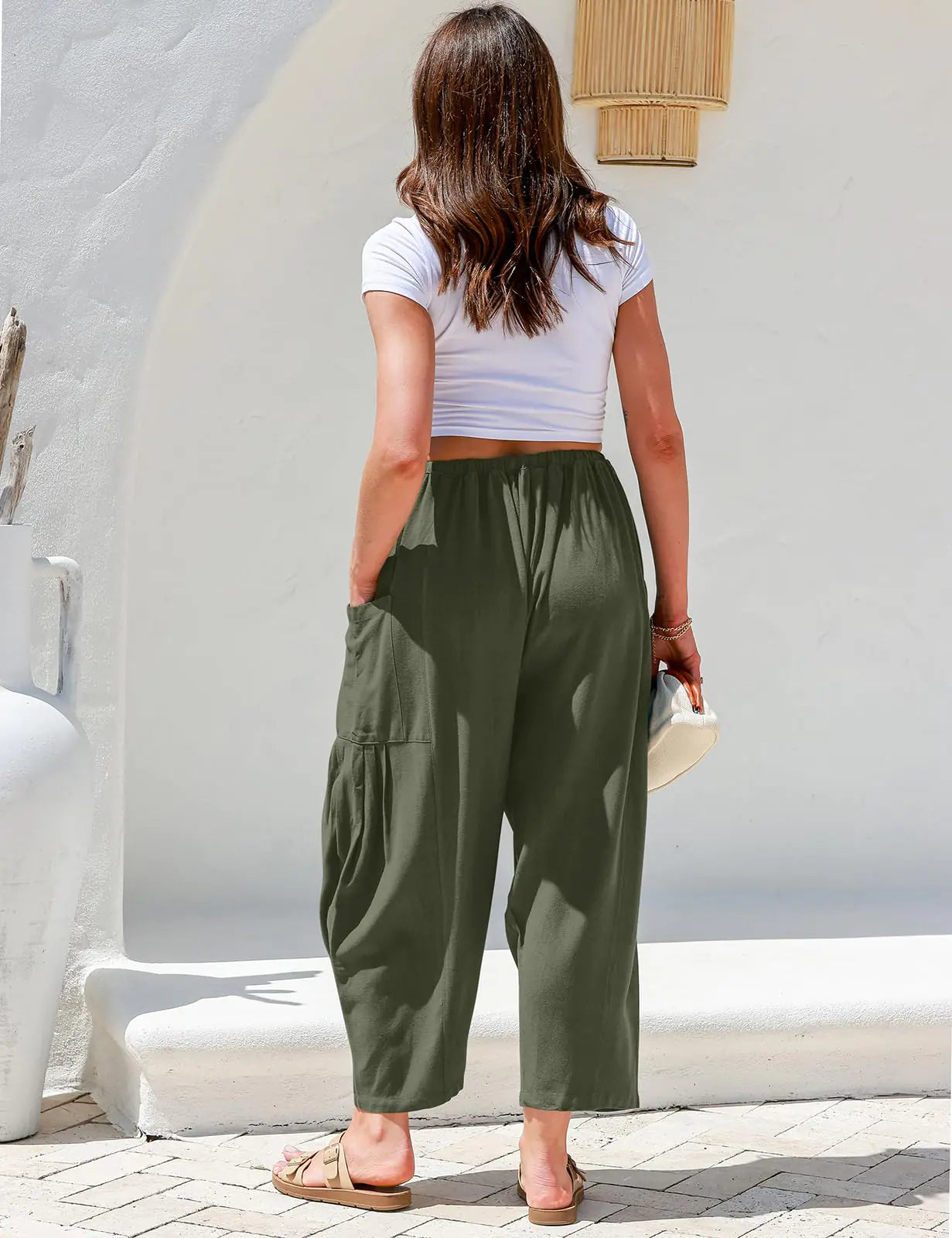 TARSE Womens Linen Wide Leg Pants Casual Loose Drawstring Low Waist Beach Palazzo Harem Pants with Pockets Large Green