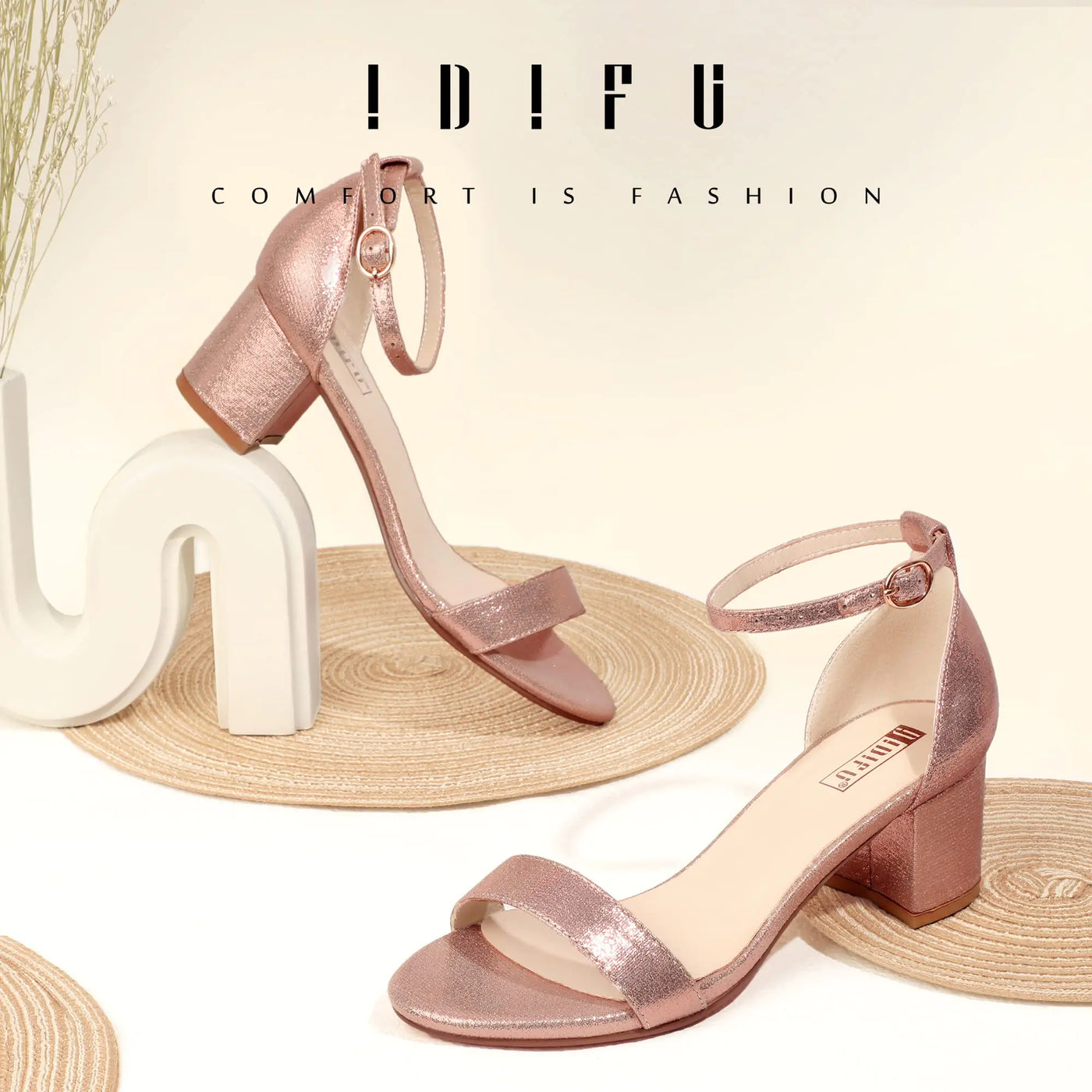 IDIFU Women's Cookie-LO Low Block Heels Chunky Sandals Ankle Strap Wedding Dress Pump Shoes 10 Cookielo Rose Gold Shiny