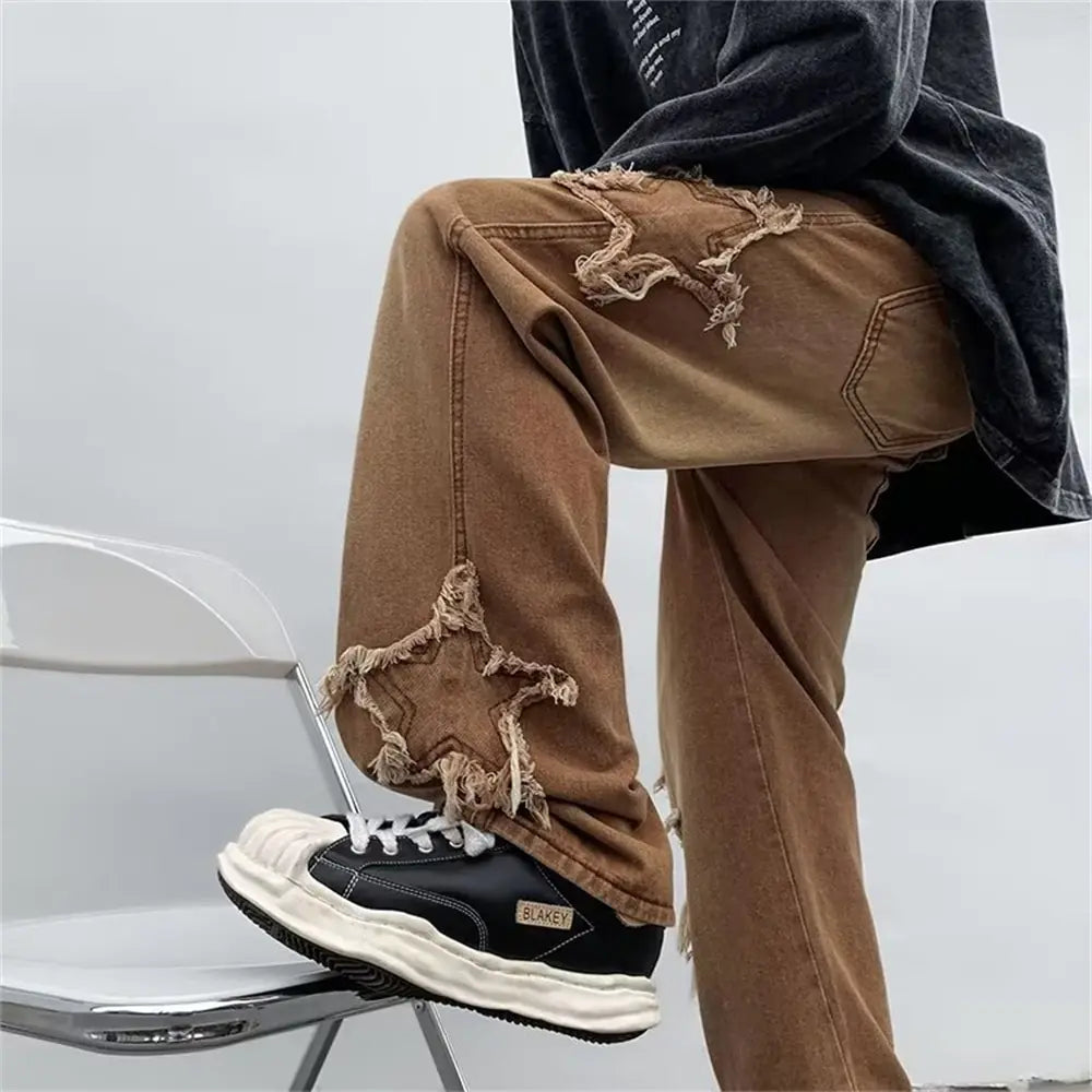 2022 New Fashion Stars Towel Embroidery Brown Baggy Men Jeans Pants