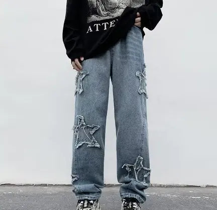 2022 New Fashion Stars Towel Embroidery Brown Baggy Men Jeans Pants