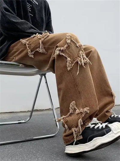 2022 New Fashion Stars Towel Embroidery Brown Baggy Men Jeans Pants