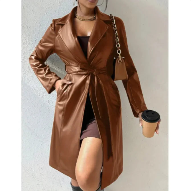 Women's Slim Fit PU Leather Trench Coat with Lapel Collar and Pockets